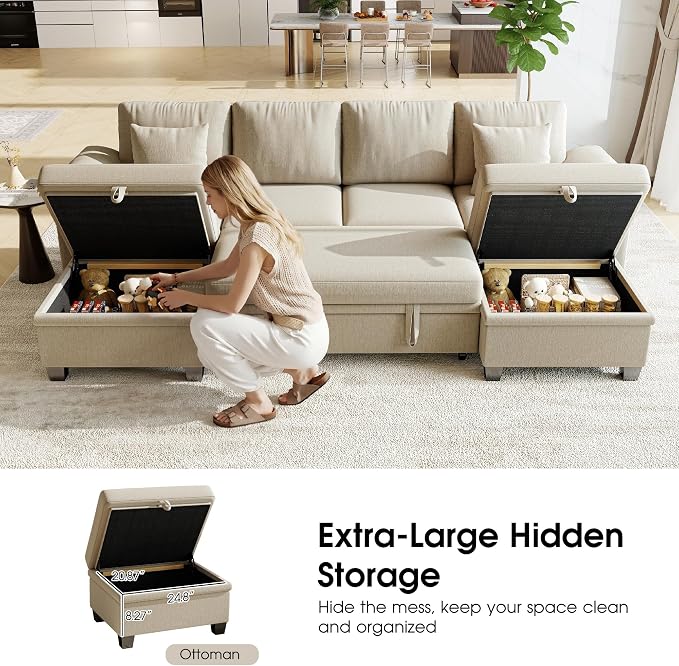 107.8" Modular Sectional Sleeper Sofa Bed, U Shaped 6 Seat Pull Out Couch with Storage Ottoman, Convertible Cloud Couch Bed, Sectional Couches for Living Room, Apartment (Sand)