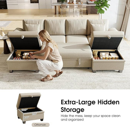 107.8" Modular Sectional Sleeper Sofa Bed, U Shaped 6 Seat Pull Out Couch with Storage Ottoman, Convertible Cloud Couch Bed, Sectional Couches for Living Room, Apartment (Sand)