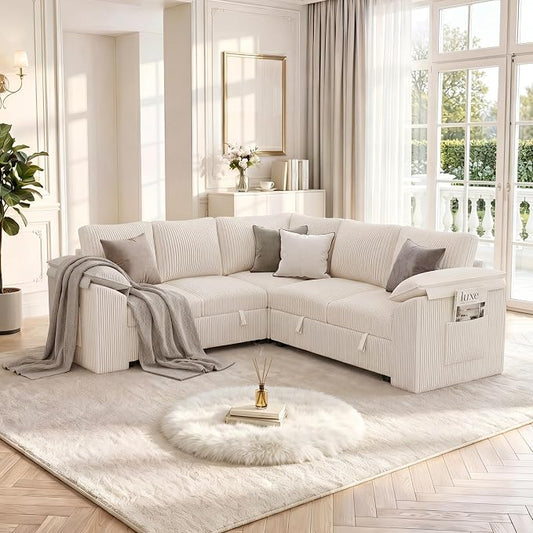 85 Inch Modular Sectional Sofa with Pull Out Couch Bed, L Shaped 5 Seat Sectional Couch with Storage, Corduroy Sectional Couches for Living Room, Cloud Modular Couch, Removable Sofa Cover, Beige