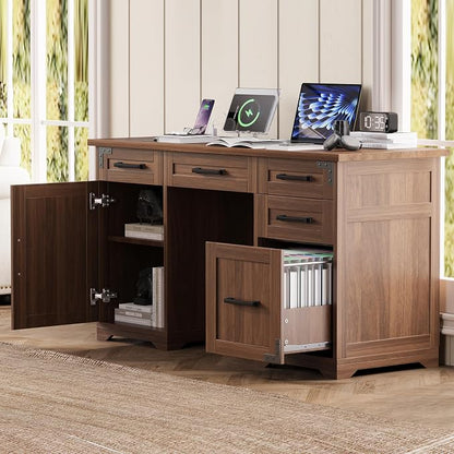 LUMISOL 55” Farmhouse Executive Desk with Charging Station and Power Outlet, Computer Desk with 5 Drawers and Cabinet, Rustic Wood Writing Study Table with File Drawer, Walnut