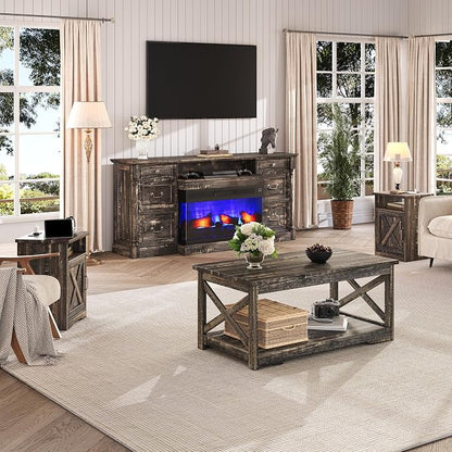 LUXOAK 3-Piece Farmhouse Living Room Table Sets, Includes 1 x Coffee Table, 2 x End Tables with Charging Station & USB Ports, Rustic Coffee Table Set of 3, Black Oak