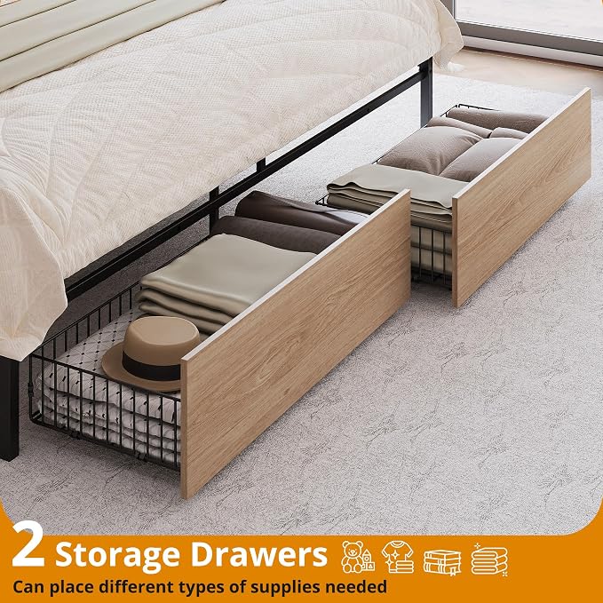 LIKIMIO King Size Bed Frame with 2 Drawers and Charging Station | Platform Bed with Upholstered Storage Headboard, No Box Spring Needed, Easy Assembly, Sturdy, Wood and Cream