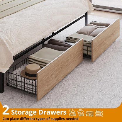 LIKIMIO King Size Bed Frame with 2 Drawers and Charging Station | Platform Bed with Upholstered Storage Headboard, No Box Spring Needed, Easy Assembly, Sturdy, Wood and Cream
