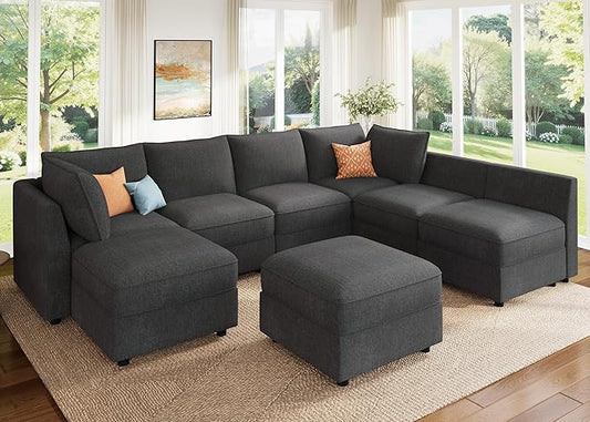 HONBAY Modular Sectional Sofa Couch with Storage, Modern U Shaped Sectional Sofa, Convertible Couches for Living Room - Snowflake Velvet Grey