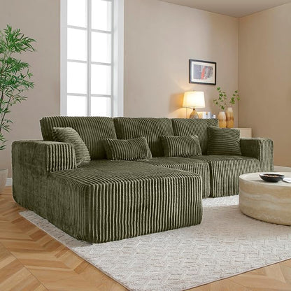 L Shaped Modular Boneless Sectional Couches for Living Room, Wide Armrest, Deep Seat, Memory Foam, Assembly Free, Modern Comfy Corduroy Fluffy Cloud Sofa with Left Chaise, Green