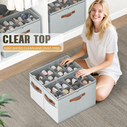 Budding Joy 2 Pack Shoe Organizer for Closet, Clear Foldable Shoe Storage Containers Adjustable Dividers Fits 16 Pairs,Shoe Storage Bins Baskets Boxes with Reinforced Handles Light grey | Farbic shoe storage organizer box bin with clear cover, fits up ...
