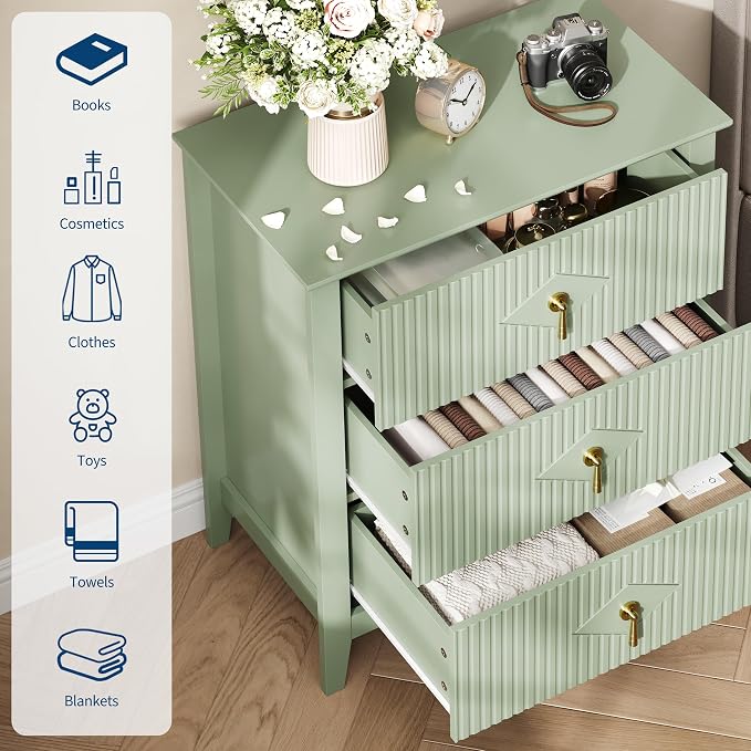 GarveeHome 2Pcs Wood Nightstand Fluted Dresser for Bedroom, 27.5" Wide 3-Drawer Bedside Tables, Modern Chest of Drawers, Storage End Table Living Room, Hallway, Entryway, Green
