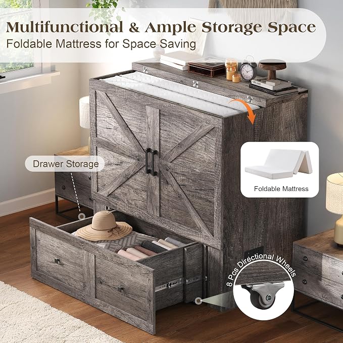 LUXOAK Twin Murphy Bed with 6" Tri-Fold Memory Foam Mattress, Storage Drawer & Charging Station, Space-Saving Design for Home Office or Guest Room, Rustic Grey