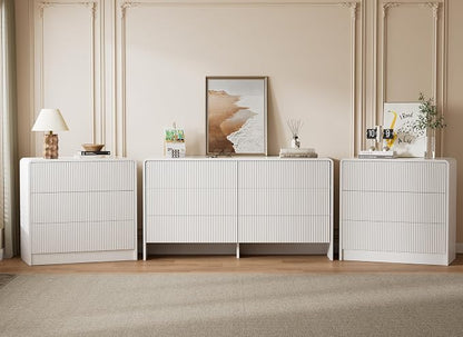 Furniway Bedroom Dresser Set 3 Piece, 6 Drawer Curved Dresser with 2 Nightstands, Modern Fluted Wood Storage Cabinet, White Chest of Drawers with Pop-Up Design, White