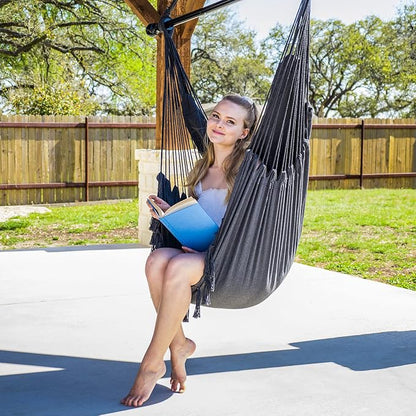 SUNCREAT Hammock Chairs Hammock Chair Swing with Steel Support Bar, Side Pocket, Large Swing Chair for Bedroom, Patio, Garden, Dark Gray