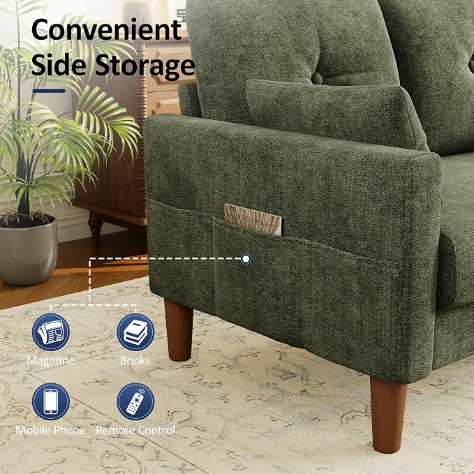 Vipbear 48" Loveseat Sofa,Modern Small Couches for Small Spaces,Green Chenille Love Seat Couch for Living Room,Bedroom,Apartment,Office,Deep Seat,Throw Pillow,Side Pockets,Square Armrest