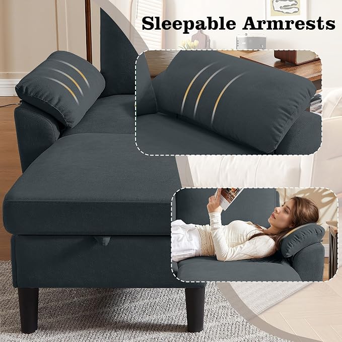 80" Convertible Sectional Sofa, Modern Linen Small L Shaped Couch with Reversible Chaise and Storage Ottoman, 3-Seat Sofa Couches for Living Room, Office, Apartment, Dark Grey