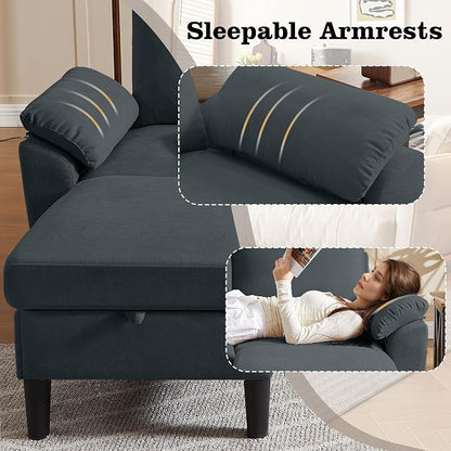80" Convertible Sectional Sofa, Modern Linen Small L Shaped Couch with Reversible Chaise and Storage Ottoman, 3-Seat Sofa Couches for Living Room, Office, Apartment, Dark Grey