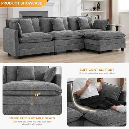 111'' Sectional Cloud Deep Seat Couch, Modern Comfy Chenille L Shaped Sectional Sofa for Living Room Set, Upholstered Modular 4-Seats Sofa Couch with 1 Movable Ottoman, Grey