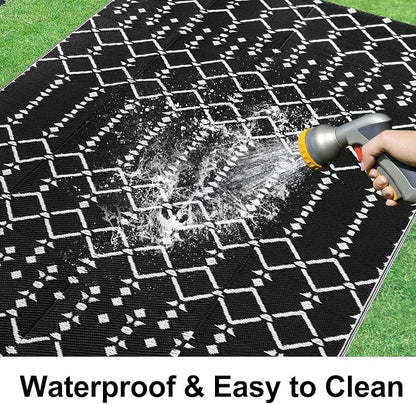 Smiry Outdoor Rug 9x12 ft, Waterproof Reversible Plastic Straw Rugs, Boho Outdoor Area Rug, Outside Floor Mat for Patio, Backyard, Deck, Picnic, Beach, Camping, Black
