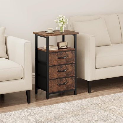 Vagusicc Nightstand with Charging Station, Bedside Table with USB Ports and Outlet, End Table Side Table with 3 Fabric Drawers and Storage Shelf, Bed Side Table Night Stand for Bedroom, Rustic Brown