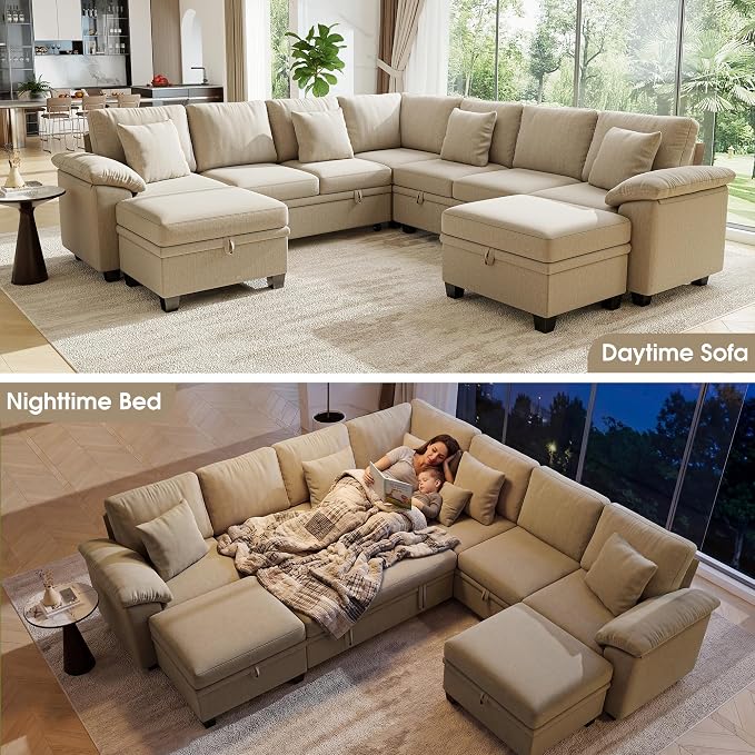 107.8" Oversized Modular Sectional Sofa with Pull Out Bed, 9 Seat U Shaped Sectional Sleeper Sofa with 291L Storage, Convertible Cloud Couch Bed, Sectional Couches for Living Room, Apartment (Sand)