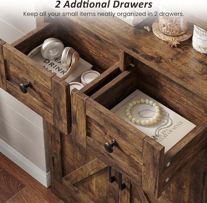 Rustic Brown Farmhouse Storage Cabinet Set of 2, Small Kitchen Pantry Cabinet with Drawers and Adjustable Shelves, Sideboard Buffet Coffee Bar Cabinet for Living Room/Dining Room/Bathroom/Home Office