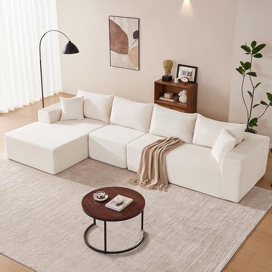 Mangodan 140” Cloud Sectional Couch, Modular Sectional Sofa with Deep Seat, Boneless Sofa for Living Room, Fluffy Comfy L-Shaped Couch with Left Facing Chaise, No Assembly Required, Beige