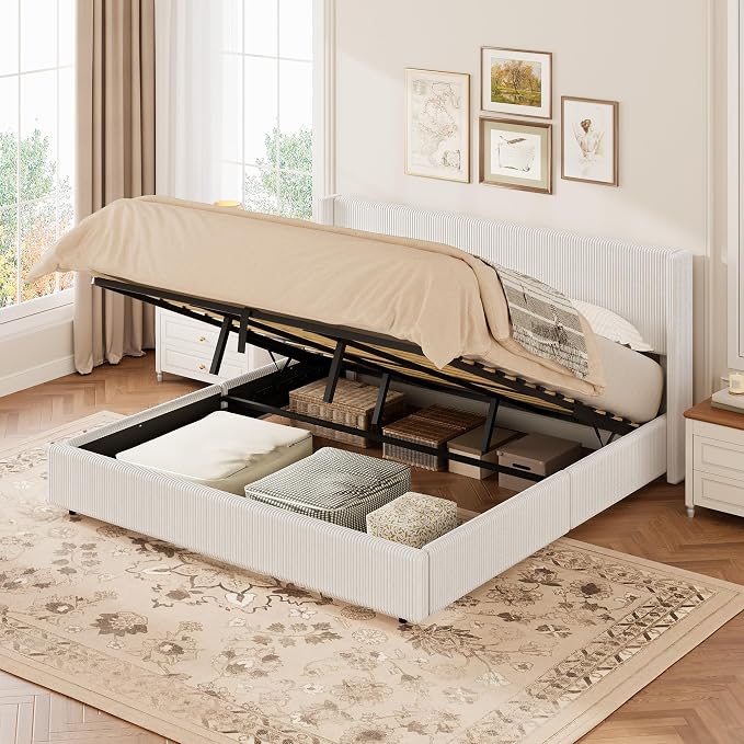Garvee King Lift Up Storage Bed Frame, Corduroy Upholstered Platform Bed with Gas Lift, Padded Headboard, Wooden Slat Support, No Box Spring Needed, Easy Assembly, White