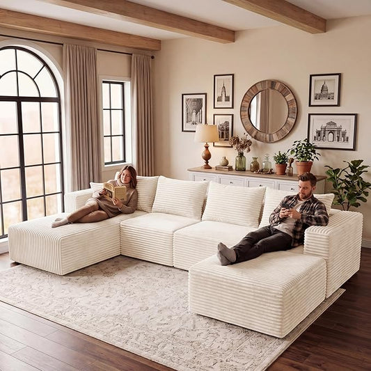 Modular Sectional Sofa, Boneless Compressed Sofa in a Box, U-Shaped Cloud Couch with Deep Seats & Chaise for Living Room, No Assembly Required (Beige, 118" U-Shape with Right Facing Chiase)