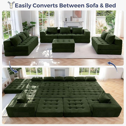 MAXYOYO Modular Sectional Sofa Couch, Foldable Oversized U Shaped Cloud Couch with Pillows, Tufted Boneless Lounger Floor Sofa Bed for Living Room, No Assembly Required, Dark Green