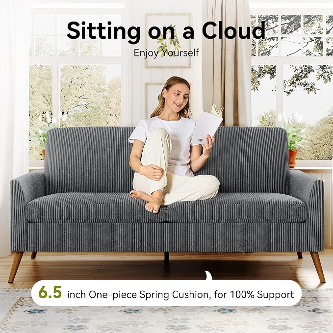 68" Loveseat Sofa, Comfy Grey Corduroy Couches for Living Room, Mid Century Modern Love Seat Sofa, Tool-Free Setup Small Couches for Bedroom Office