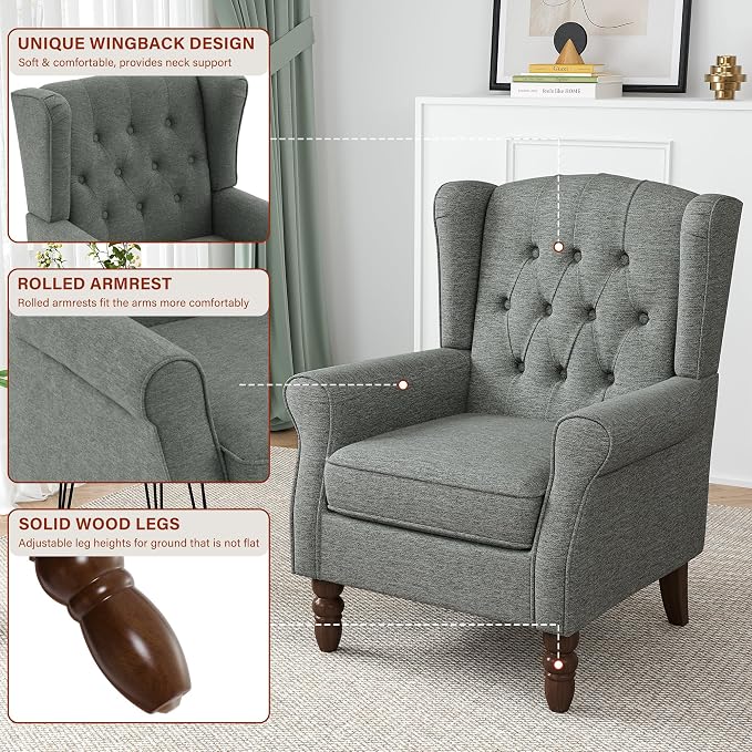 Wingback Accent Chair, Button-Tufted High Back Armchair for Living Room, Upholstered Wingback Chair with Solid Wood Legs, Comfy Single Sofa Reading Chair for Bedroom, Grey
