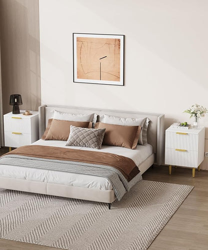 Akxomel White Nightstand Set of 2, Fluted Night Stand with Charging Station, 13.8" D x 15" W x 23.2" H, 2 Drawers Modern Bedside Table with USB Ports and Outlets, Golden Side Table for Bedroom
