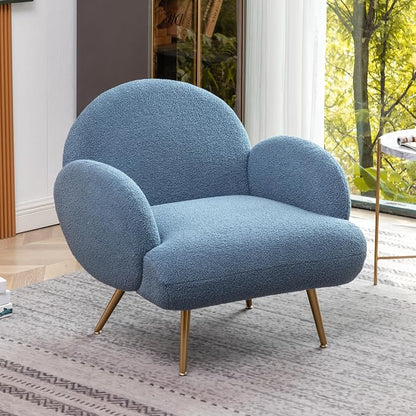 Blue Accent Sherpa Chair Comfy Modern Living Room Chair Teddy Fabric Mid Century Bedroom Chair with Golden Legs Arm Chair for Reading Bedroom Single