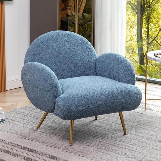 Blue Accent Sherpa Chair Comfy Modern Living Room Chair Teddy Fabric Mid Century Bedroom Chair with Golden Legs Arm Chair for Reading Bedroom Single