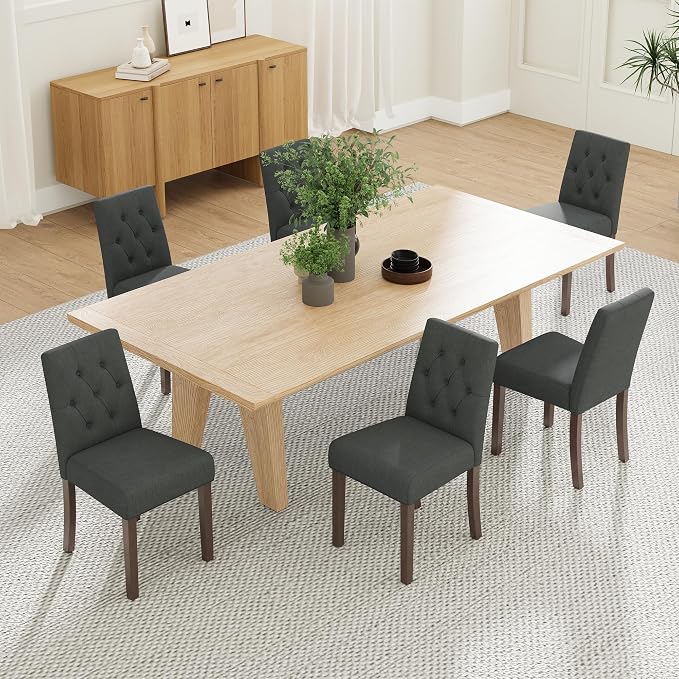 Upholstered Dining Chairs Set of 6 - Modern Parsons Kitchen & Dining Room Chair with Diamond Tufted Back, Solid Wooden Legs for Apartment, Café, Vanity