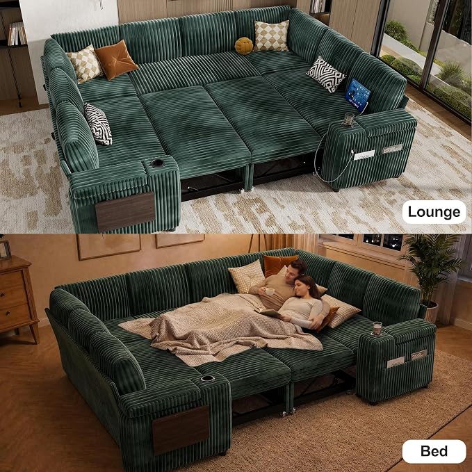 Vipbear 111" Modular Sectional Sleeper Sofa with Pull Out Bed, 8 Seat Plush Corduroy U Shaped Couch with Storage Chaise|USB Ports|Cup Holders|Side Table| Storage Armrests, Tool Free Assembly, Green