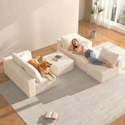118" U-Shaped Modular Sectional Sofa Set,Soft Corduroy Cloud Couch with Chaise & Ottoman,Deep Seat Boneless Couches for Living Room,No-Assembly - Beige (Left Facing Chaise)