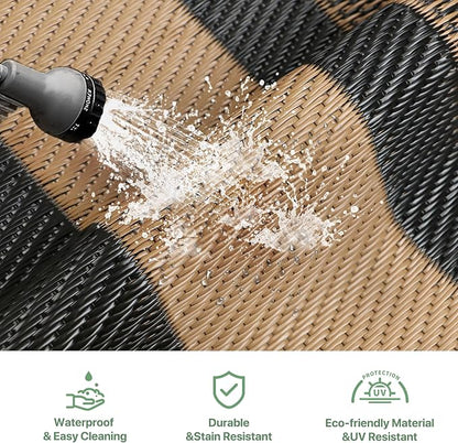 GENIMO 6' x 9' Outdoor Rug Waterproof for Patio Decor, Reversible Plastic Straw Area Rugs Mat for Camper, Outside Carpet for Rv, Deck, Porch, Picnic, Balcony, Mix-Black & Brown