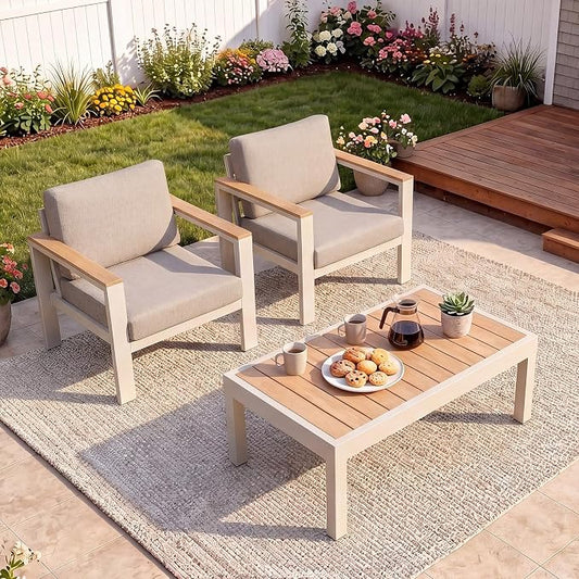 3-Piece Balcony Patio Furniture Set, Aluminum Outdoor Chair Set with 2 Single Patio Chairs & Coffee Table, 1.5mm Thick Rustproof Frame, Waterproof Removable Cushions for Small Balcony Front Porch