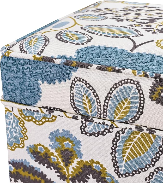 Adeco 18 Inch Linen Storage Ottoman Cube, Upholstered Footstool for Living Room & Bedroom, Vanity Stool with Safety Hinge Lid & Solid Wood Legs, 2-Min Assembly, Blue Leaves