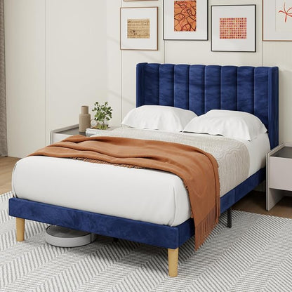 alazyhome Platform Bed Frame Full Size with Upholstered Headboard, Solid Wood Slats Support, No Box Spring Needed, Noise Free, Easy Assembly, Modern Velvet Bed, Blue