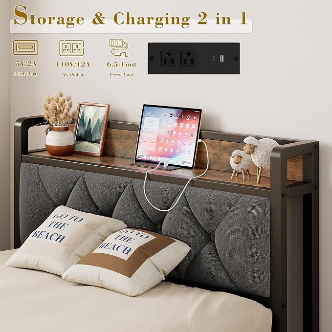 ANCTOR Twin XL Bed Frames, Storage Headboard with Outlets, Easy to Install, Sturdy and Stable, No Noise, No Box Springs Needed - Perfect for a Good Night's Sleep