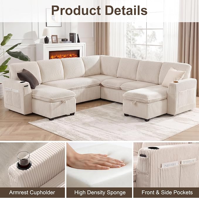 Oversized Sectional Sleeper Sofa with Pull Out Bed, Plush Corduroy 9 Seat Modular Sofa with Storage Chaise and Adjustable Backrest, Cloud Couches for Living Room, Apartment, Beige