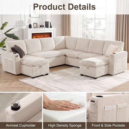 Oversized Sectional Sleeper Sofa with Pull Out Bed, Plush Corduroy 9 Seat Modular Sofa with Storage Chaise and Adjustable Backrest, Cloud Couches for Living Room, Apartment, Beige
