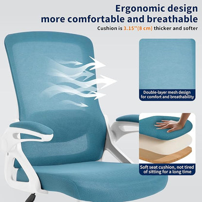 Ergonomic Office Chair, Desk Chair with Adjustable Lumbar Support, Breathable Mesh Comfy Computer Chairs with Flip-up Armrests Executive Task Chair for Adults Home Office (Lake Blue)