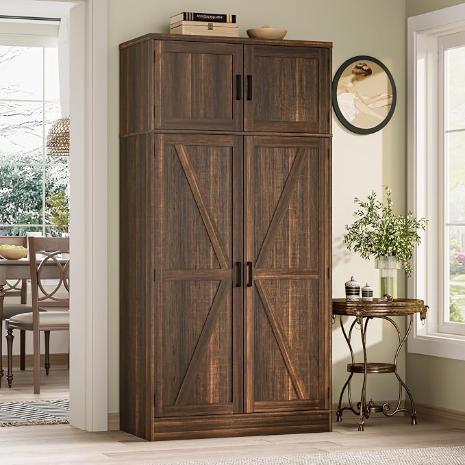 Unikito 71” Farmhouse Storage Cabinet, Large Kitchen Pantry Storage Cabinet with Adjustable Shelves and Barn Doors, Versatile Storage Cupboard for Dinning Room, Bathroom, Living Room, Weathered Brown