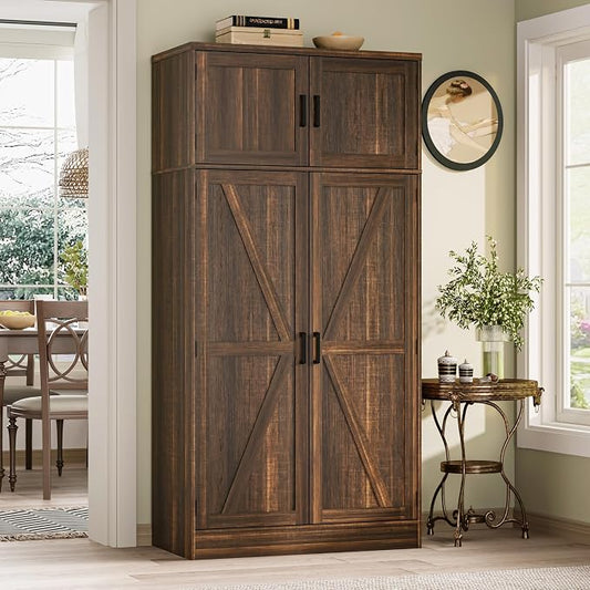Unikito 71” Farmhouse Storage Cabinet, Large Kitchen Pantry Storage Cabinet with Adjustable Shelves and Barn Doors, Versatile Storage Cupboard for Dinning Room, Bathroom, Living Room, Weathered Brown
