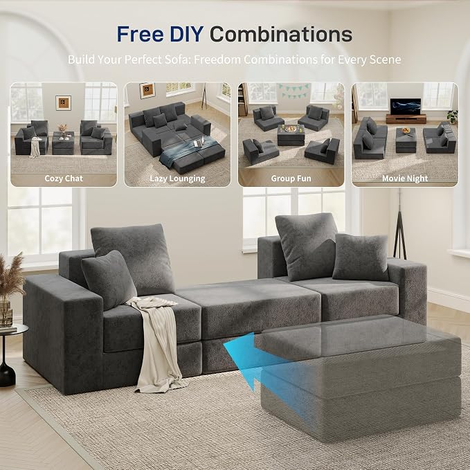Cloud Modular Sectional Sofa, Comfy Boneless Couch for Living Room, Modern L-Shaped Couch with Reversible Chaise, Customizable Sleeper Sofa Bed with Non Slip, No Assembly & Deep Seat, Dark Grey