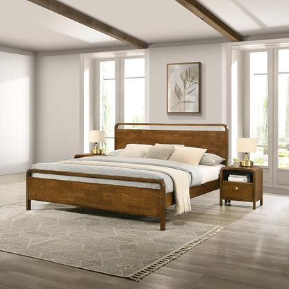 Roundhill Furniture Eldren Wood Bedroom Set, King Platform Bed with Two Nightstands in Walnut Finish