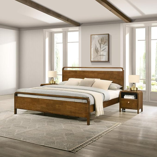 Roundhill Furniture Eldren Wood Bedroom Set, King Platform Bed with Two Nightstands in Walnut Finish