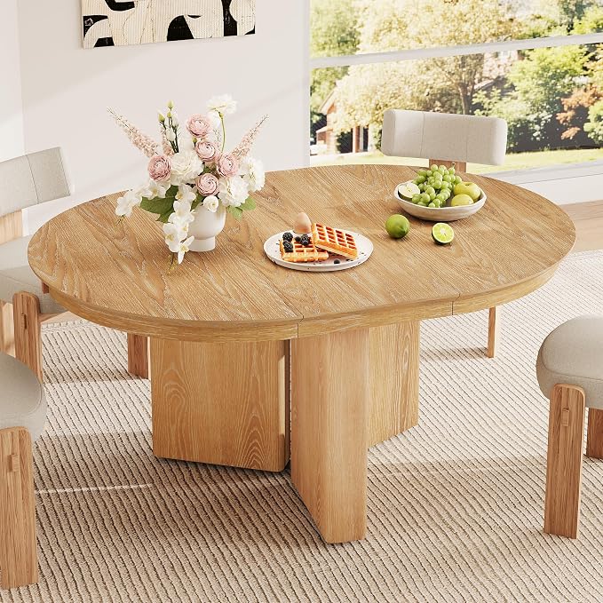 LUMISOL Round Dining Table for 4-6 People, Farmhouse Kitchen Table with Pedestal Base and Adjustable Foot Pads, Oval Extendable Dining Table for Dining Room, Kitchen, Small Space, Natural