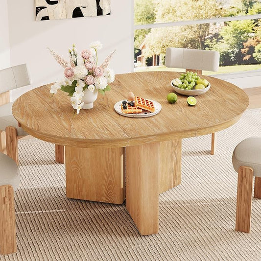 LUMISOL Round Dining Table for 4-6 People, Farmhouse Kitchen Table with Pedestal Base and Adjustable Foot Pads, Oval Extendable Dining Table for Dining Room, Kitchen, Small Space, Natural