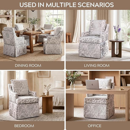 UVV Upholstered Dining Chairs Set of 2, Modern Jacquard Kitchen Chair Dining Room Chair with 4 Casters, Linen Armchair for Bedroom Reading Room Living Room, Silvery White